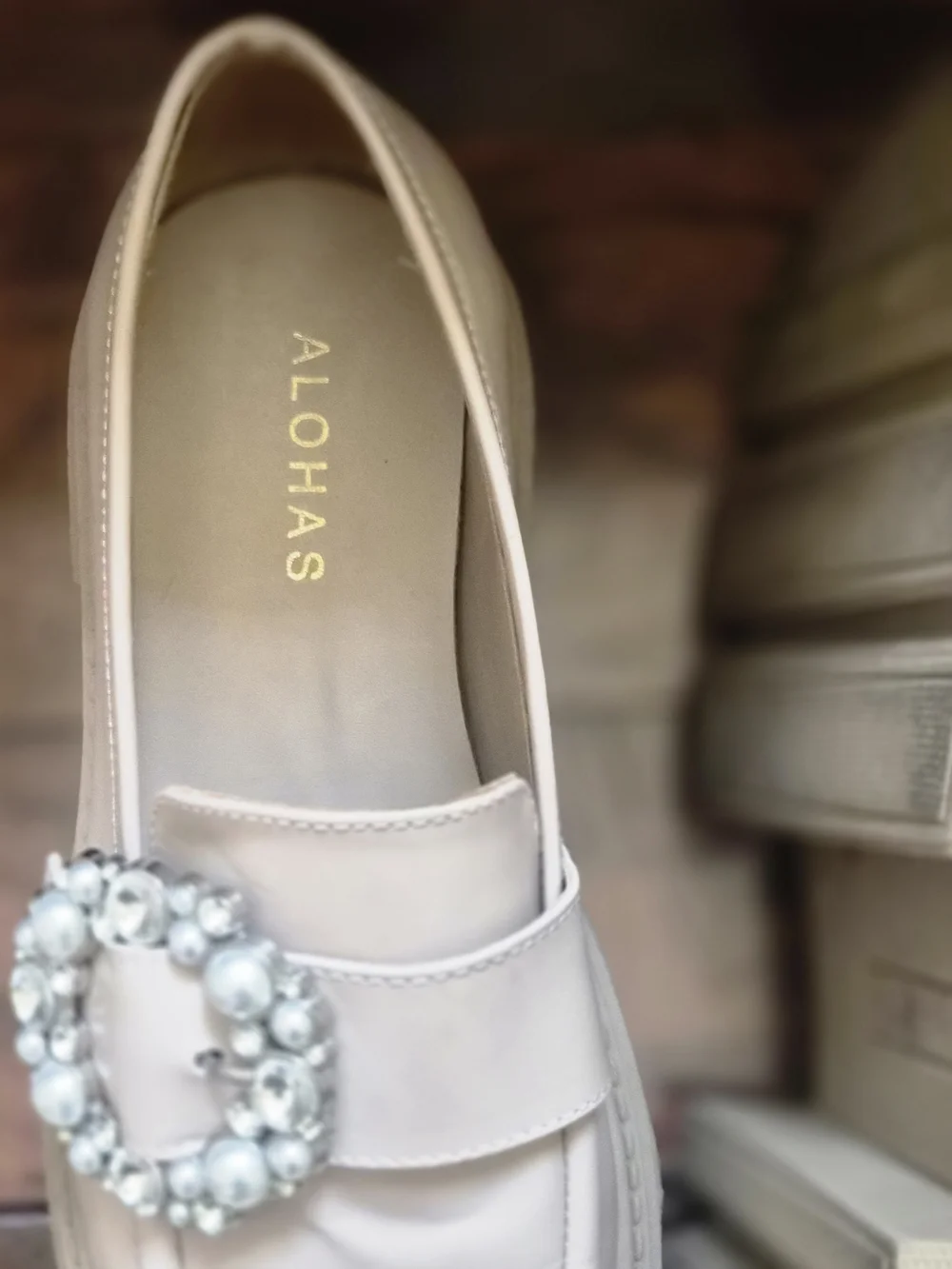 ALOHAS Beige Pearl-Embellished Lug Loafers